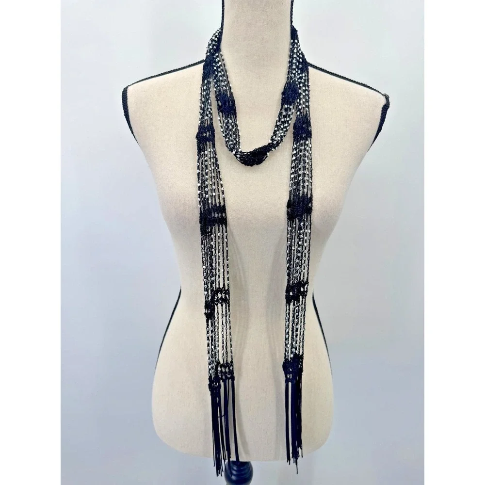 VTG Y2K Black Crochet Silver Beaded Skinny Scarf Neck Tie Fringe Indie Sleaze